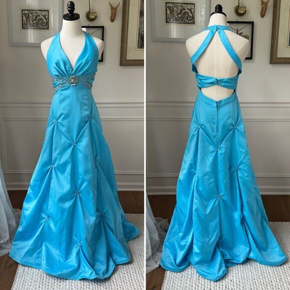 Vintage Y2K Masquerade Turquoise Blue Cinderella Gown Formal Dress 7 8 - Picture 1 of 12